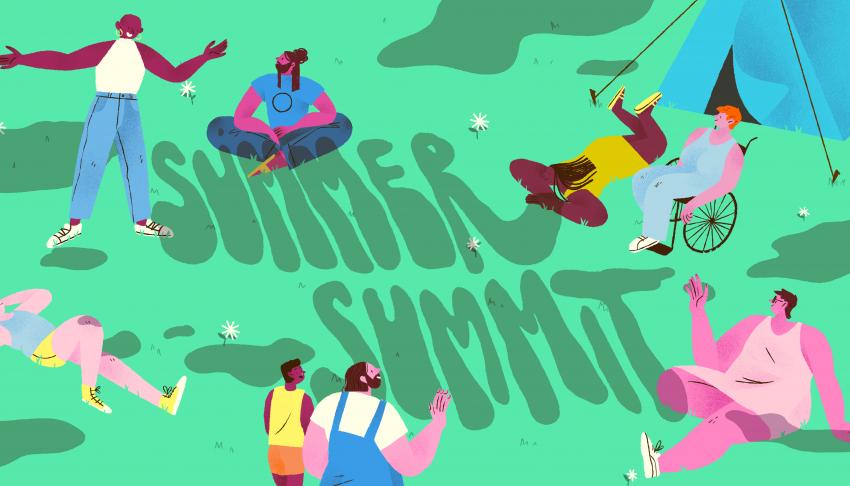 A colourful illustration by Sam Prentice of a diverse group of people sat at a campsite watching someone perform with the words ‘Summer Summit’ in the middle.